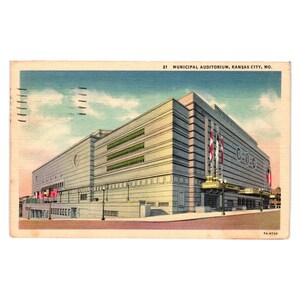Postal vintage del Auditorio municipal de Kansas City de 1937, sello postal de un centavo enviado por MO