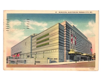 Postal vintage del Auditorio municipal de Kansas City de 1937, sello postal de un centavo enviado por MO
