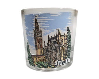 Vintage Sevilla Spain Souvenir Shot Glass Printed Cathedral Design Collectible