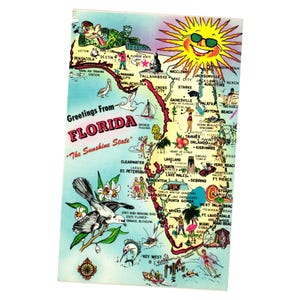 Vintage Florida Postcard Pozdrowienia z Sunshine State Mapa Turystyczna Wakacje