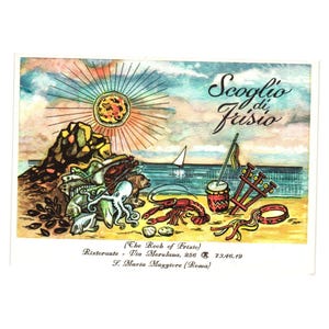 Carte postale italienne vintage Scoglio Di Frisio, aquarelle, publicité pour restaurant, art de Rome