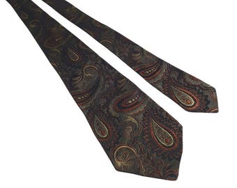 Vintage Paisley Necktie Multicolor Men Silk Business Handmade Orange Gold Office