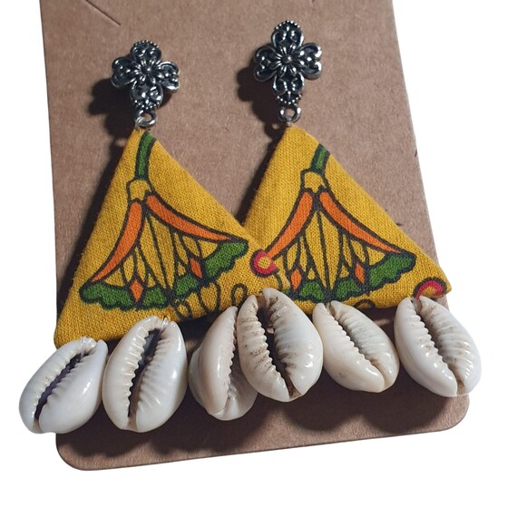 African Print Yellow Triangle Shell Earrings Vibr… - image 2