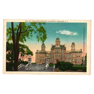 Stara pocztówka Syracuse University Hall Languages wydana w 1946 r. Znaczek jednocentowy