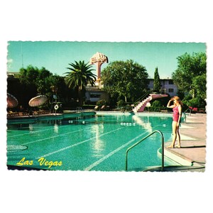 Postal antigua del Hotel Flamingo, Casino, Piscina, Resort, Borde Festoneado, NV