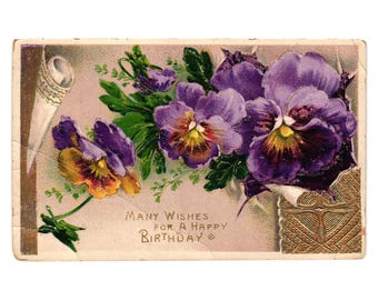 Vintage Germany Printed Birthday Postcard Purple Floral Embossed Design Posted
