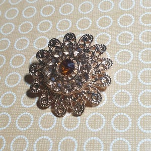 Vintage Gold Tone Floral Brooch Champaign Rhinestone Orange Centerpiece Mom Gift