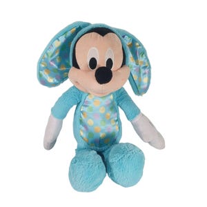 May include: A plush Mickey Mouse dressed as a blue Easter bunny. The stuffed animal has large, floppy ears with a pastel polka dot pattern. Mickey's body is light blue with white gloves and a polka dot belly.