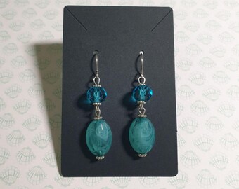 Vintage Turquoise Blue Faceted Glass Bead Dangle Earrings Silver Hooks Women