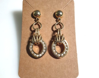 Gold Tone Dangle Stud Earrings Faux Pearl Embellished Oval Drop Vintage Design