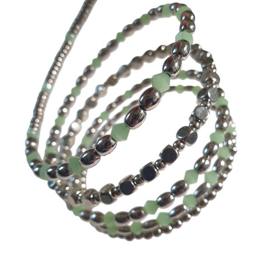 Green Silver Beaded Multi Layer Memory Wire Wrap … - image 2