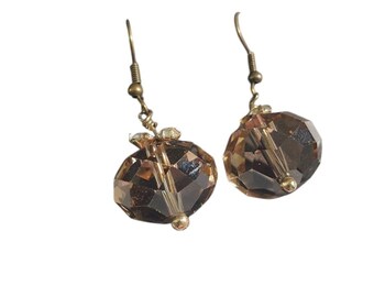 Vintage Brown Glass Beaded Dangle Earrings Gold Tone Hooks Clear Comfort Backs