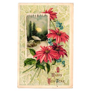 Vintage 1913 carte postale nouvel an design floral pittoresque paysage d'hiver 1 cent timbre