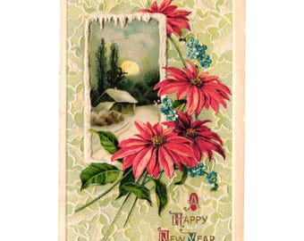 Vintage 1913 carte postale nouvel an design floral pittoresque paysage d'hiver 1 cent timbre