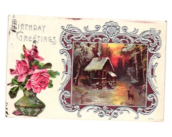 Vintage Embossed Birthday Greetings Postcard Roses Landscape Cabin Scene Posted