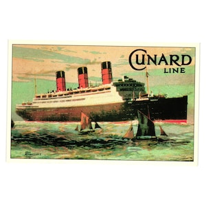 May include: Vintage postcard featuring the Cunard Line ocean liner. The ship has three red and black smokestacks and is sailing on a wavy sea. The postcard has the words "Cunard Line" in a circular design.