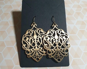 Gold Filigree Statement Earrings Drop Dangle Brass Finish Pierced Hook Style