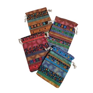 May include: Four drawstring bags with colorful geometric patterns. The bags feature a variety of colors, including red, blue, green, and brown. Each bag has a white drawstring closure at the top. The bags are made of fabric and are likely used for storage or gifting.