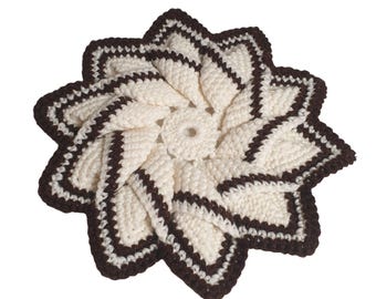 Handmade Crochet Flower Shaped Trivet - Brown & Cream - 10" Diameter