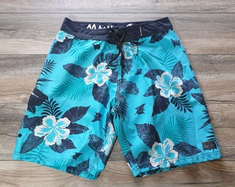 Maui Sons Men Blue Hawaiian Floral Swim Trunks Size 34 Board Shorts Pool Beach