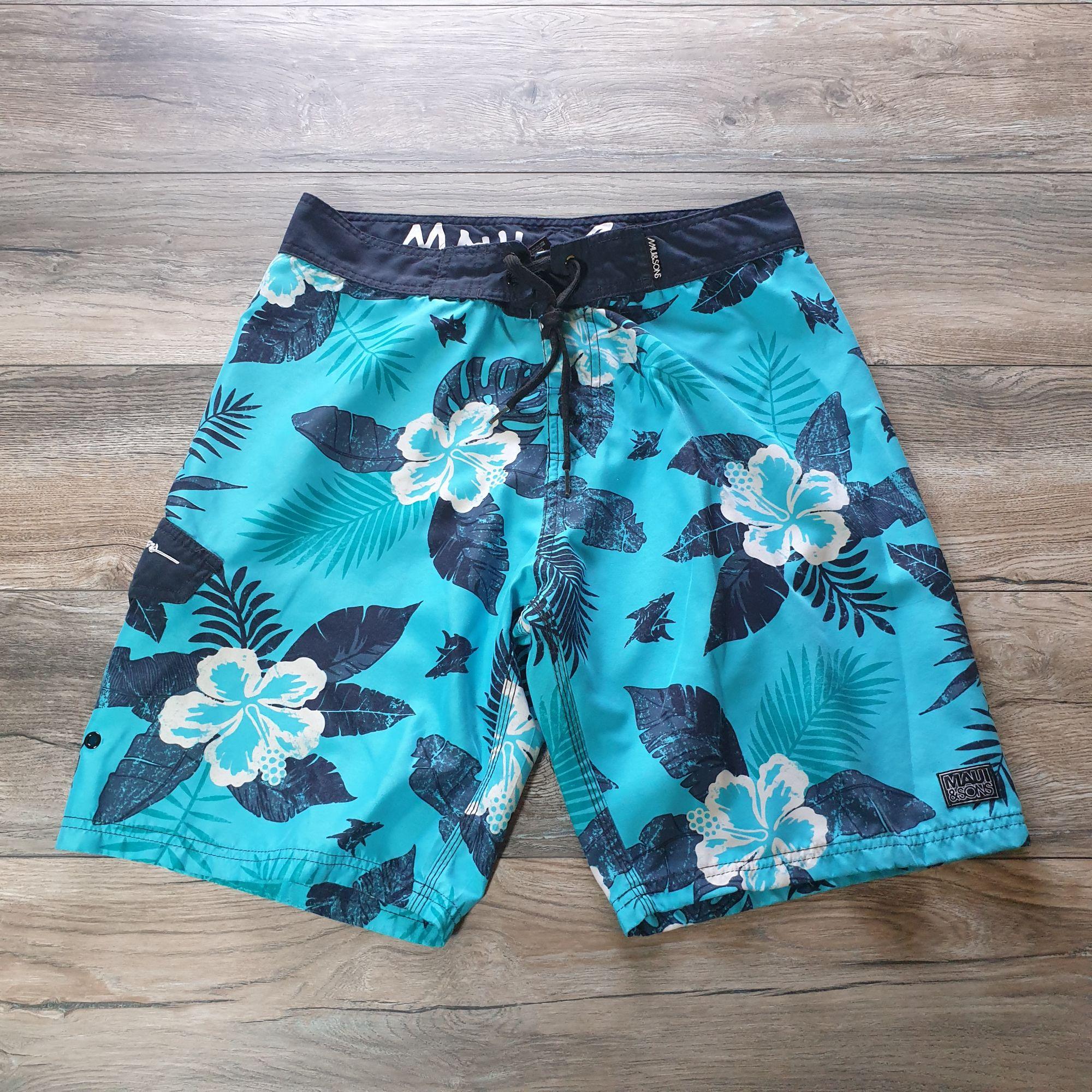 Maui Sons Men Blue Hawaiian Floral Swim Trunks Size 34 Board