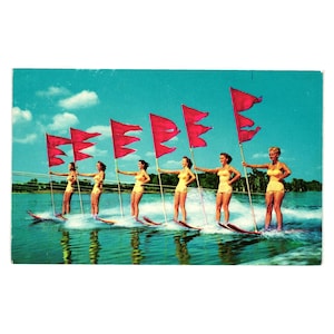 Postal vintage de los años 50 del desfile de esquí acuático de las Aqua Maids en Cypress Gardens, Florida