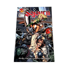 Puede incluir: Portada de cómic para Sojourn número 3. La portada presenta a una mujer con armadura verde y marrón con un arco y flechas, luchando contra un grupo de criaturas. El texto en la portada dice "Sojourn" y "Tierra de obstáculos".