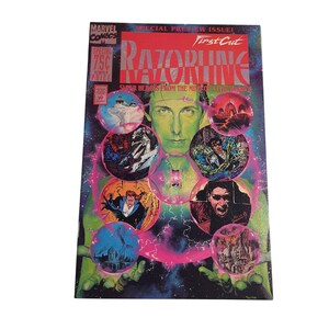 May include: A vintage Marvel Comics "Razorline" comic book. The cover features a green-toned portrait and several circular illustrations. Text includes "Special Preview Issue" and "First Cut."