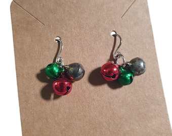 Jingle Bell Christmas Dangle Earrings Hook Red Green Rustic Jingle Charm Holiday