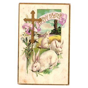 Stara wielkanocna pocztówka z królikami i krzyżem 1909 r. Opublikowana za jeden cent Religia Antyk