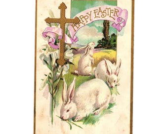 Vintage Easter Postcard With Rabbits Cross 1909 Posted One Cent Religion Antique