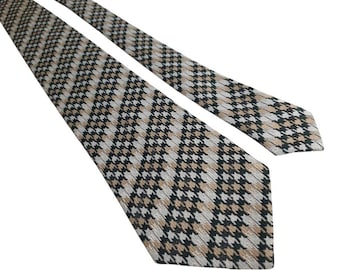 Vintage Knit John Blair Mens Tie Woven Hand Washable Beige Green White Polyester