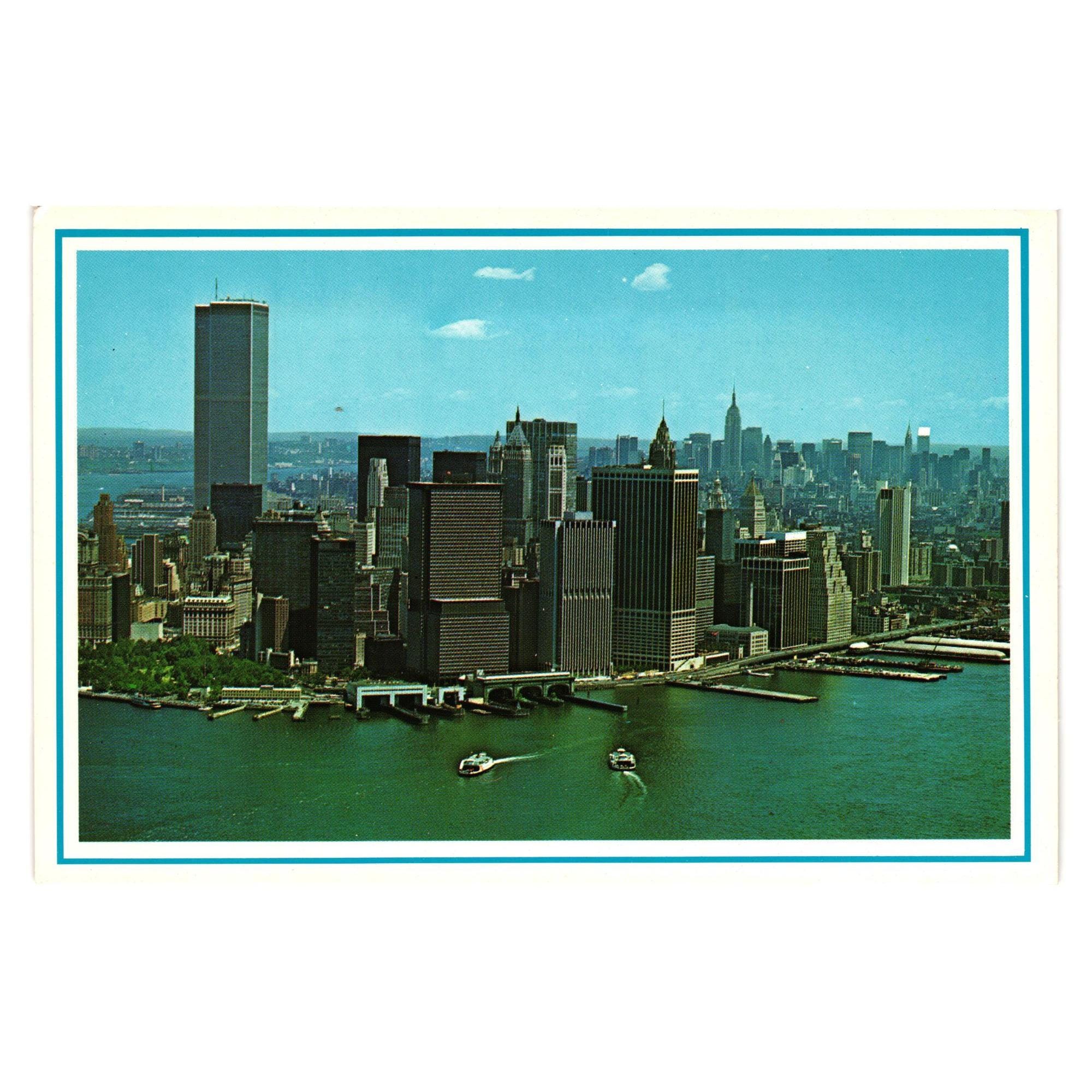 Vintage Postcard Aerial View Lower Manhattan NYC Twin Towers World