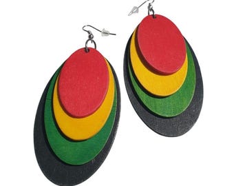 Rastafarian Layered Wood Oval Earrings Red Yellow Green Black Lightweight Dangle