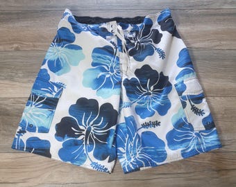 Board Shorts Men Hang Ten Large Blue Floral Hawaiian Swim Trunks 36 In Waist