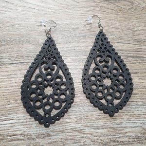 Black Earrings Laser Cut Teardrop Earrings Women Hook Closure Wooden Boho Gift