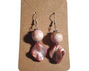 Dyed Mother Of Pearl Pink White Beaded Dangle Earrings 2.5 In Hook Back Handmade
