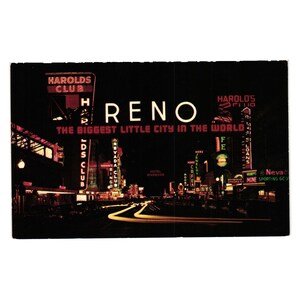 Vintage Reno Postkarte Nacht Lichter Glücksspiel Urlaub Festzelt Harolds Club