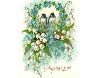 Antique Best Birthday Wishes Postcard Lily Bluebird Floral 1900 Print Germany