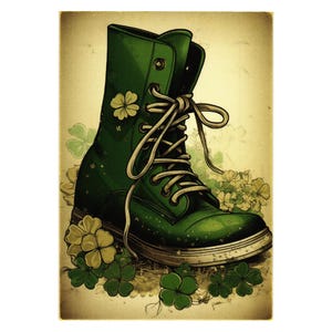 May include: A digitally illustrated green boot with white laces and a white sole, adorned with shamrocks and four-leaf clovers. The boot has a vintage, worn look, with a cream-colored background.