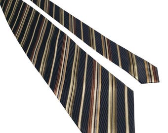 Alexander Julian Colours Silk Striped Tie Brown Gold Black Lines Mens Vintage