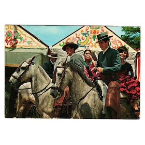 Vintage pocztówka Sevilla Feria De Abril Caballistas scena festiwalu koni w Hiszpanii