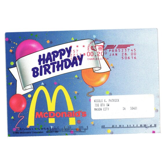 Happy Birthday Card 1992 Mcdonalds Free Hamburger Small Drink