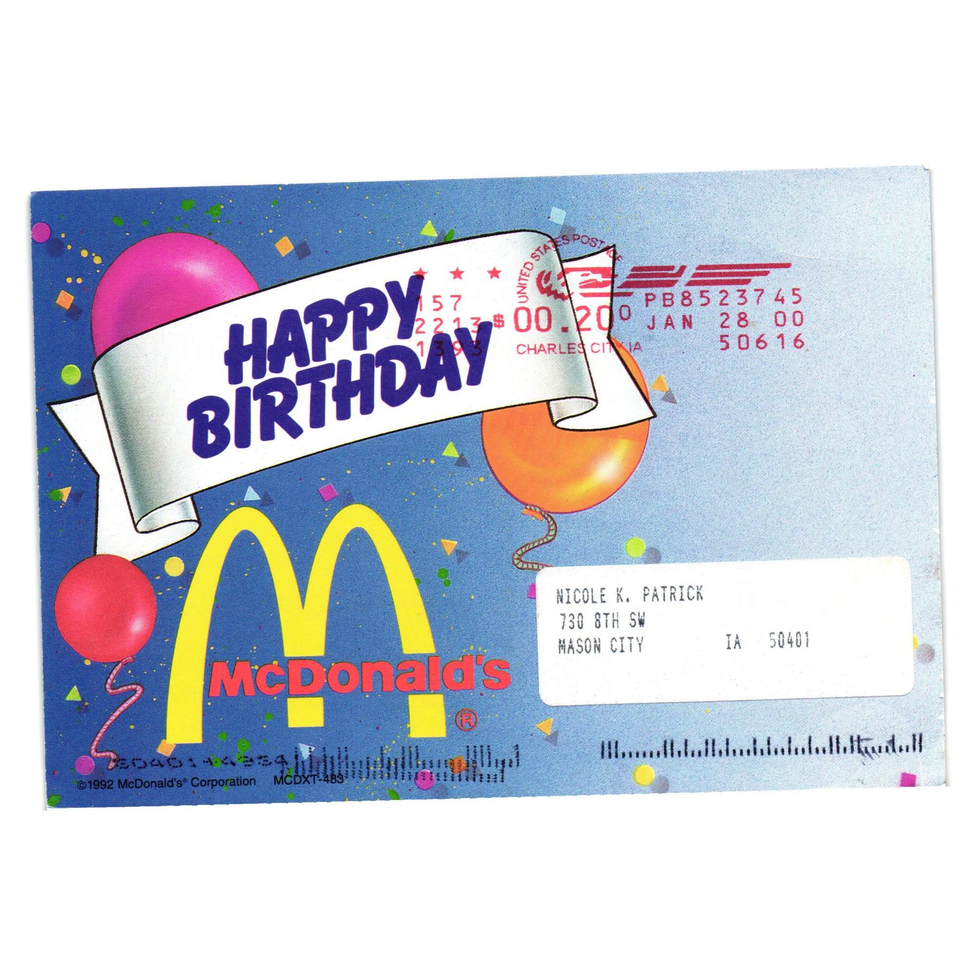 Happy Birthday Card 1992 Mcdonalds Free Hamburger Small Drink