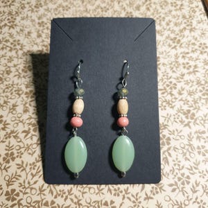 Handmade Dangle Earrings Green Beads Pink Natural Wood On Silver Hooks Women