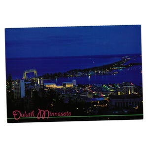 Duluth Minnesota Nacht Skyline Postkarte Malerische Luftaufnahme Stadt Lake Superior