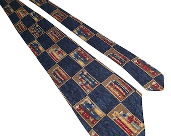 Vintage MBP Library Print Mens Tie Navy Gold Red Bookshelf Teacher School Silk