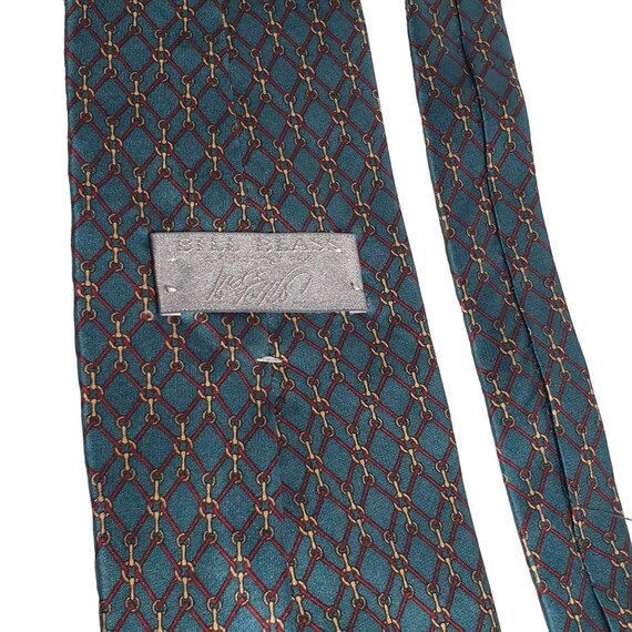Bill Blass Vintage Designer All Silk Necktie Bridle Patterned Horse Teal Maroon View 4