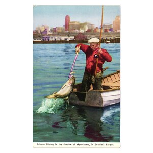 Carte postale vintage État de Washington Pêche au saumon Service armé du port de Seattle