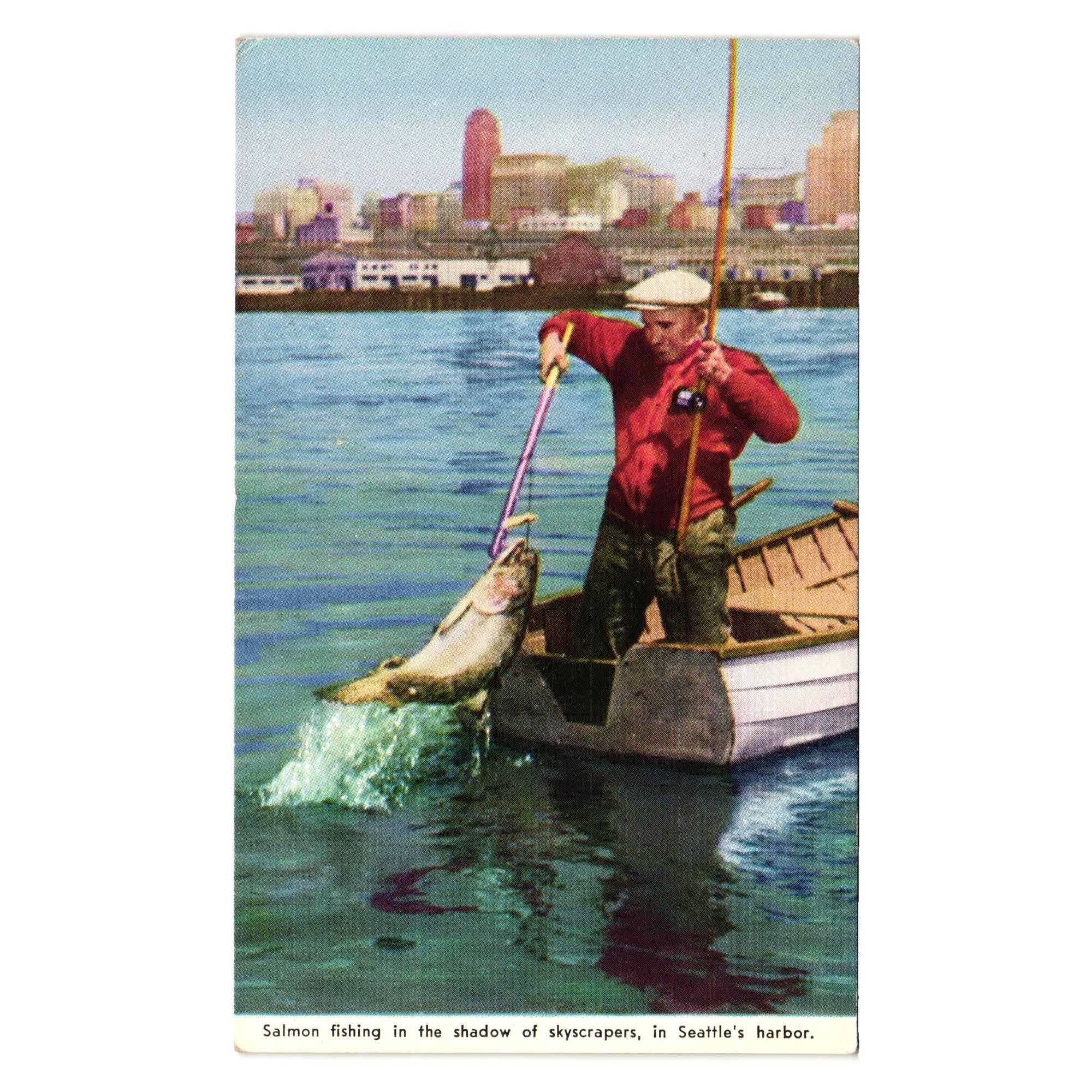 Vintage State of Washington Postcard Salmon Fishing Seattle Harbor
